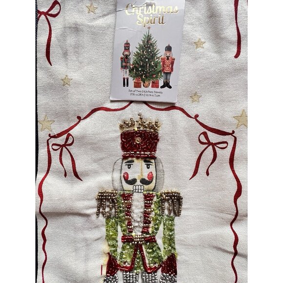 CHRISTMAS NUTCRACKER Dish Kitchen Towel S/2 Embroidered BEADED Green Jacket GIFT - Picture 8 of 10